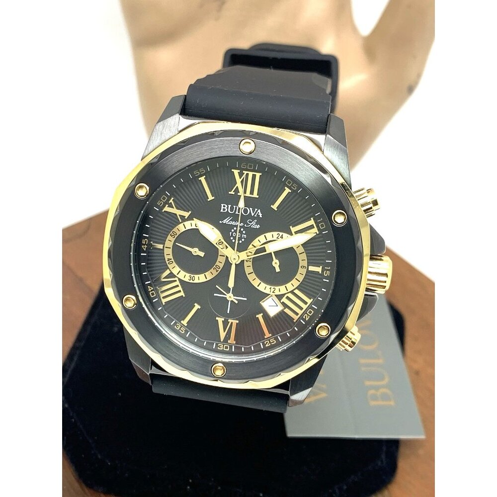 Bulova Men's Watch 98B278 Marine Star Black Dial Quartz Chronograph Rubber Band